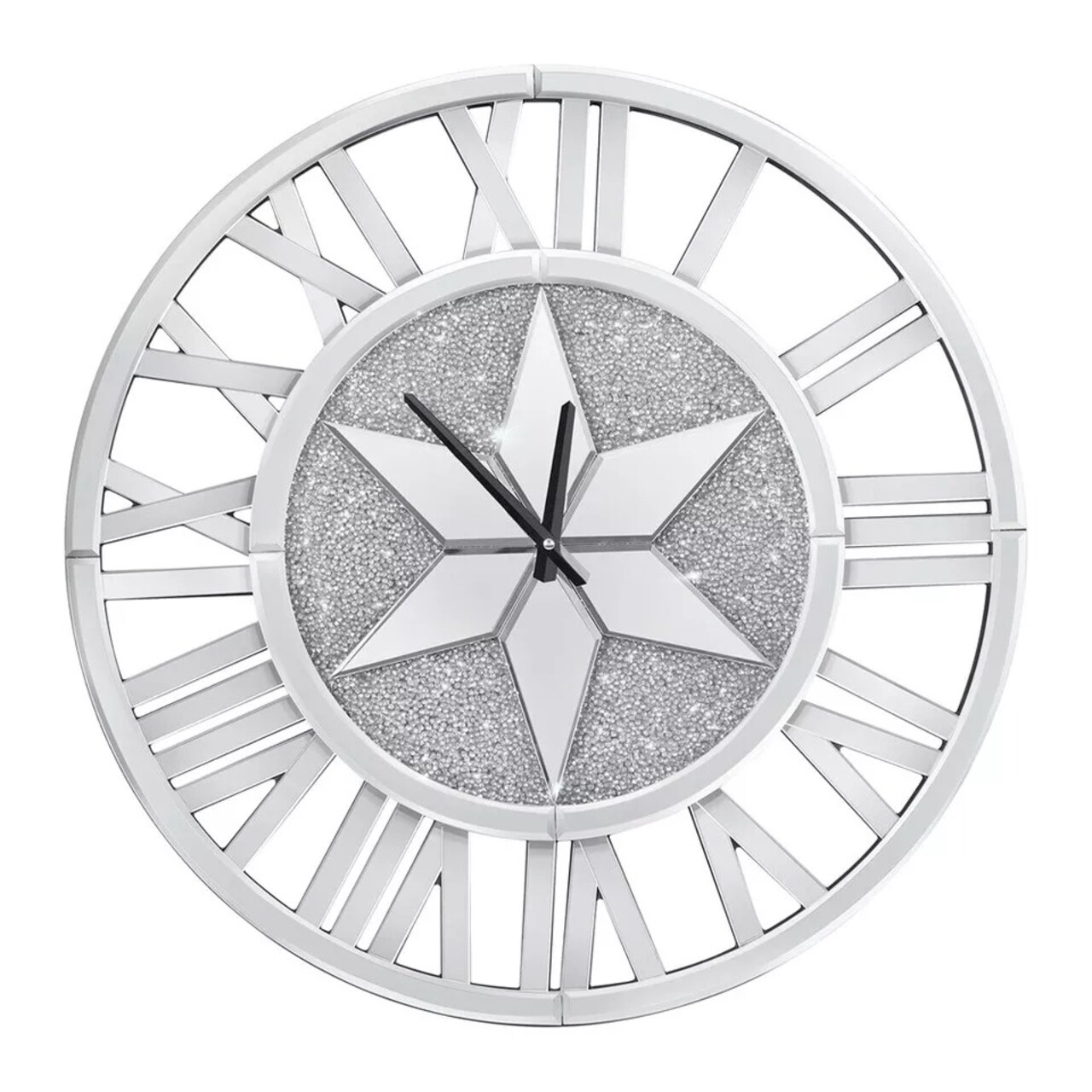 23.6'' Round Mirrored Wall Clock Crushed Diamond Silver Large Real Mirror Clocks